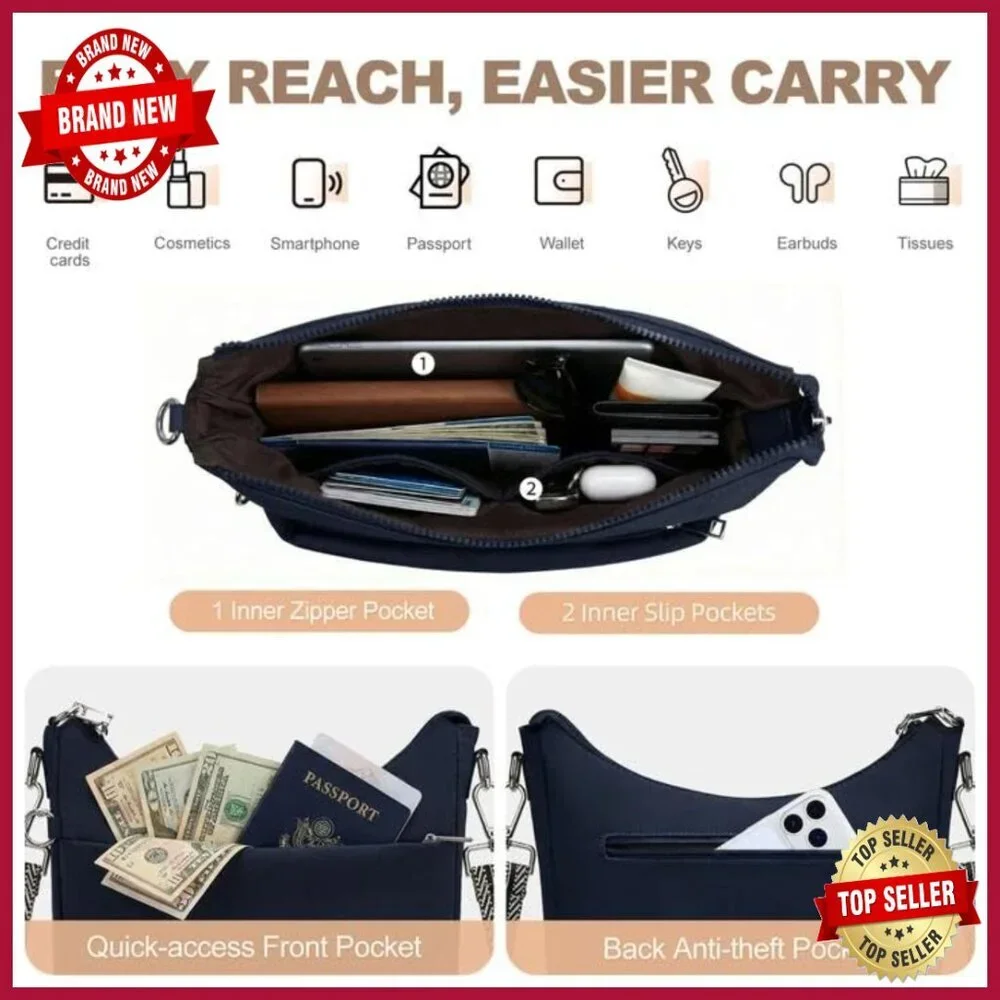 Anti-Theft RFID Crossbody Hobo Bag with Built-In Wallet, Waterproof